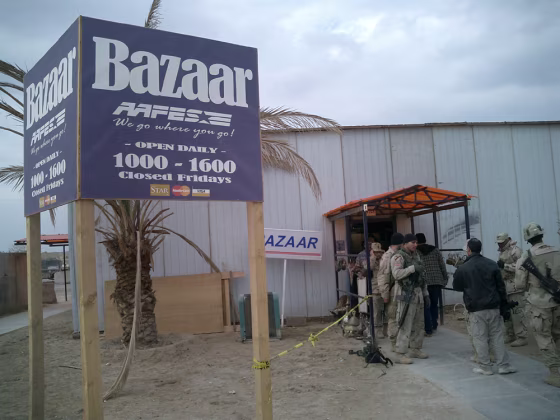 An Iraqi- style bazaar at Camp Victory, a U.S. military base in Baghdad, sells textiles&nbsp;and clothing to the thousands of coalition troops.